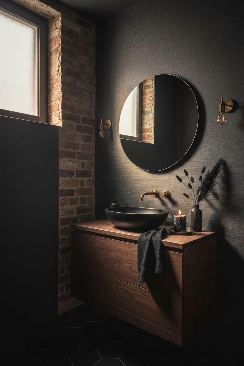 Moody powder room with dark walnut and exposed brick