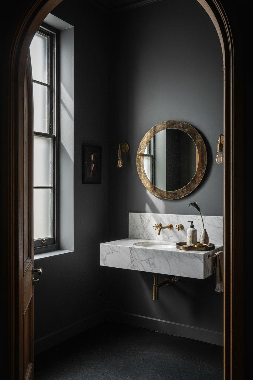 Moody powder room with white Carrara marble and charcoal walls