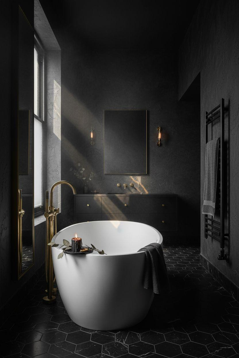 Moody powder room with freestanding tub and unlacquered brass