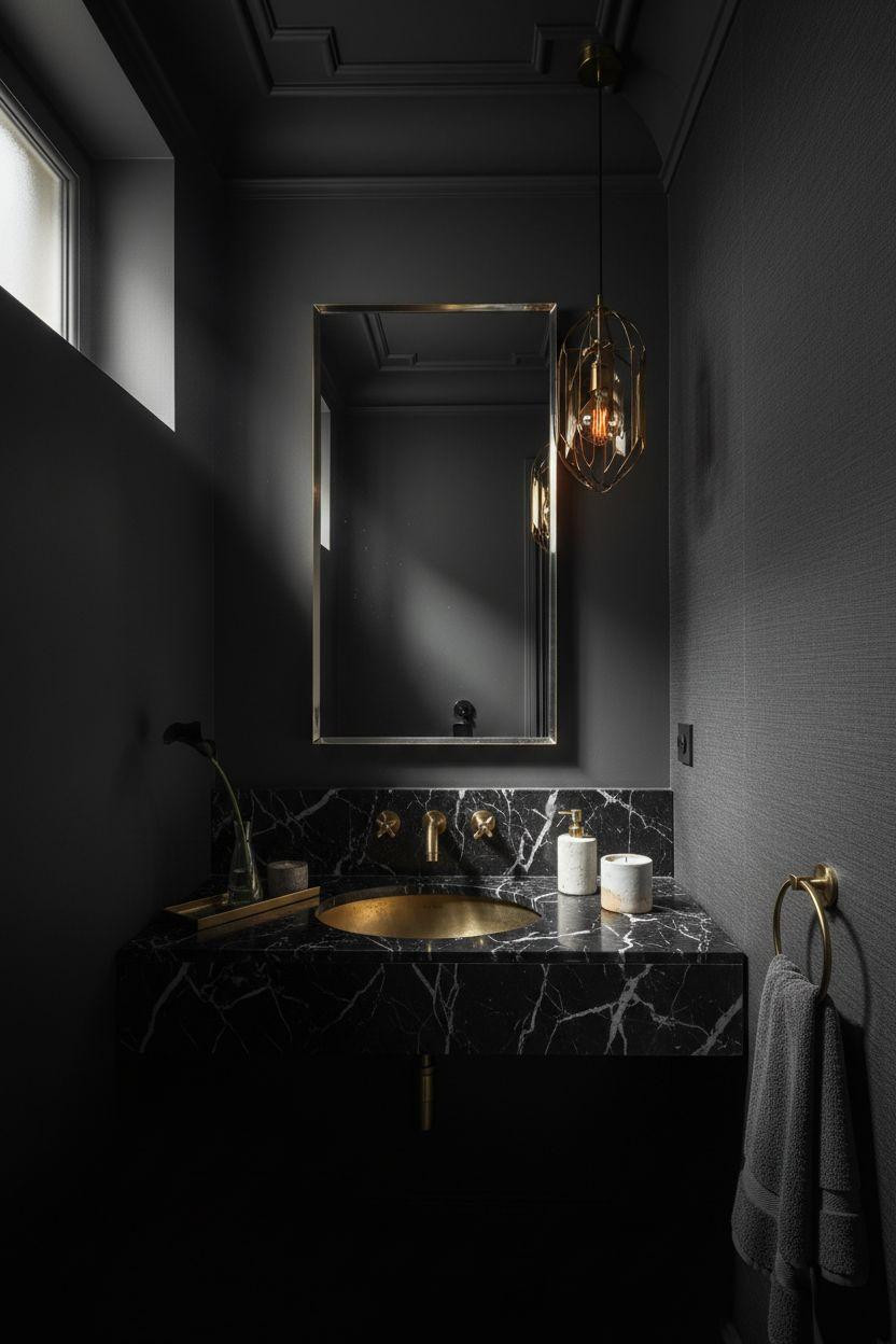 Moody powder room with black marble and brass pendant light