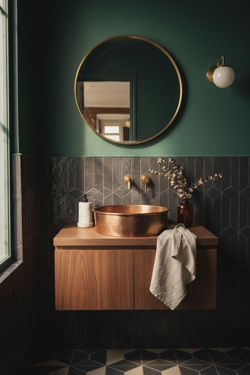 Moody powder room with geometric zellige tile and forest green paint