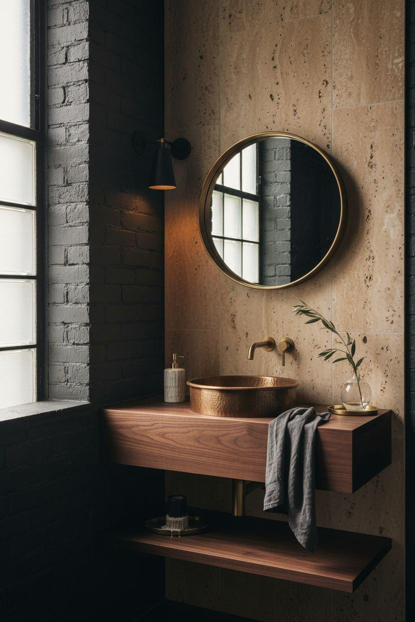 Moody powder room with rough travertine and copper vessel sink