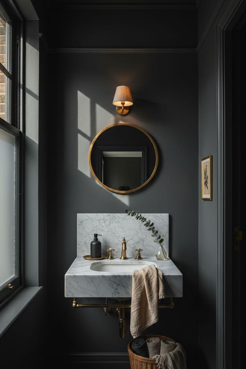 Moody powder room with wall-mounted sink and vintage brass details