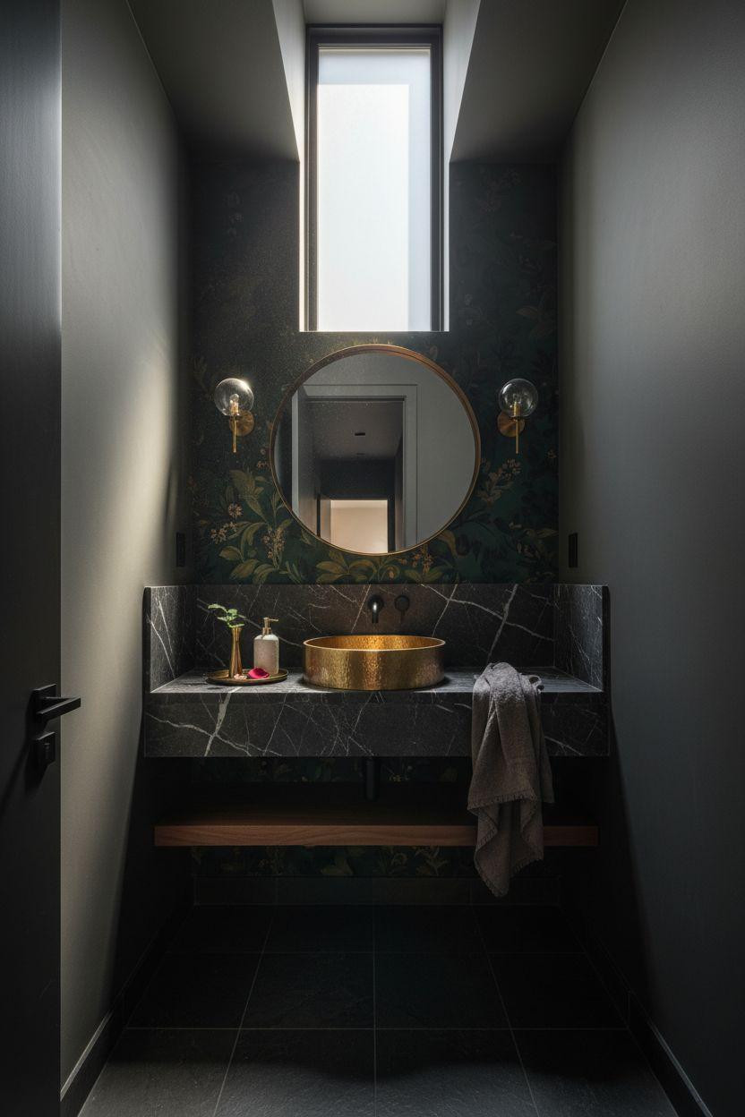 Moody powder room with dark marble vessel sink and brass fixtures