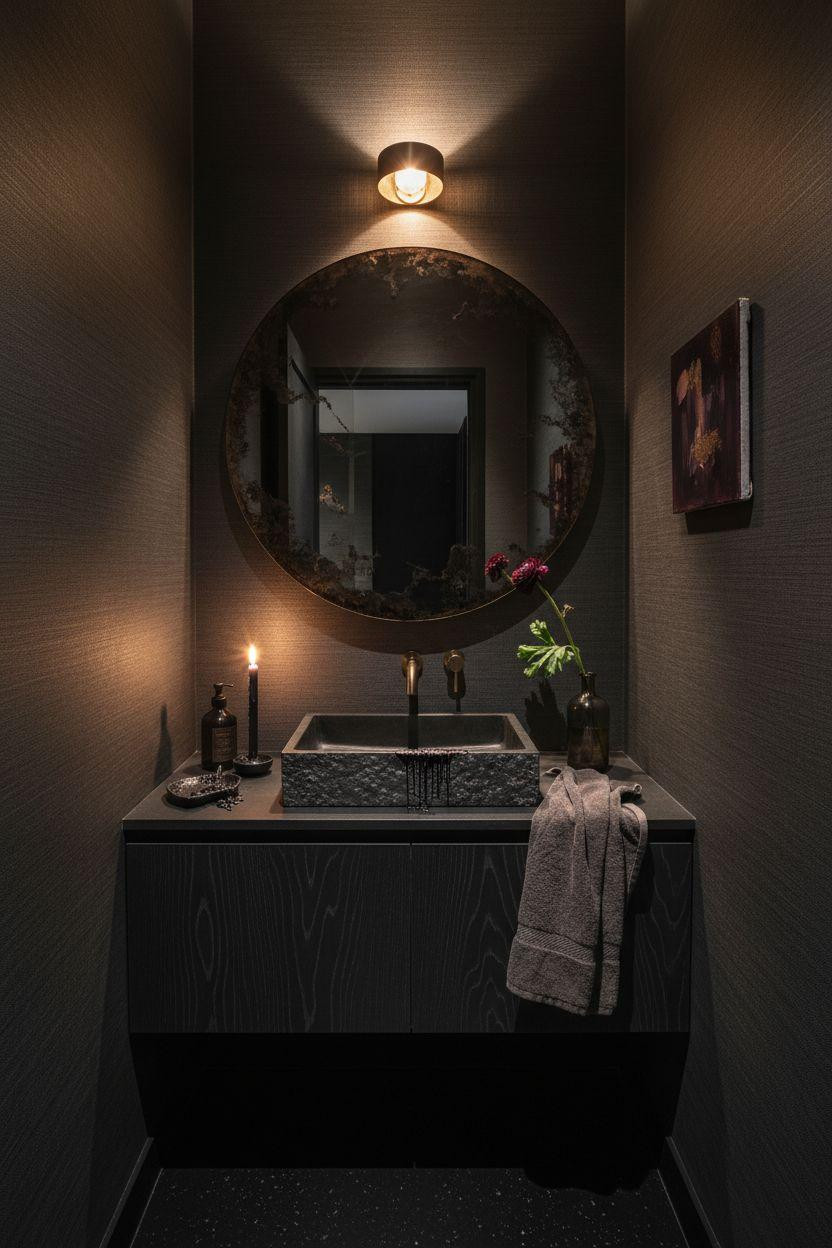 Moody powder room with textured grasscloth wallpaper