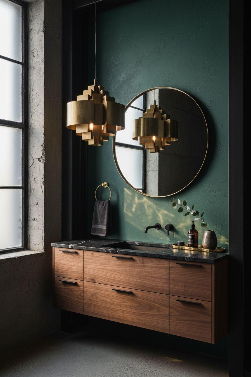 Moody powder room with emerald green wall and brass lighting