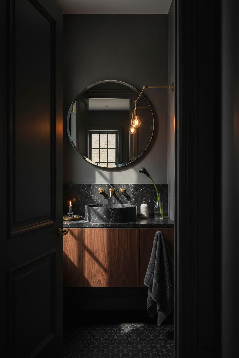 Moody powder room framed through dark doorway