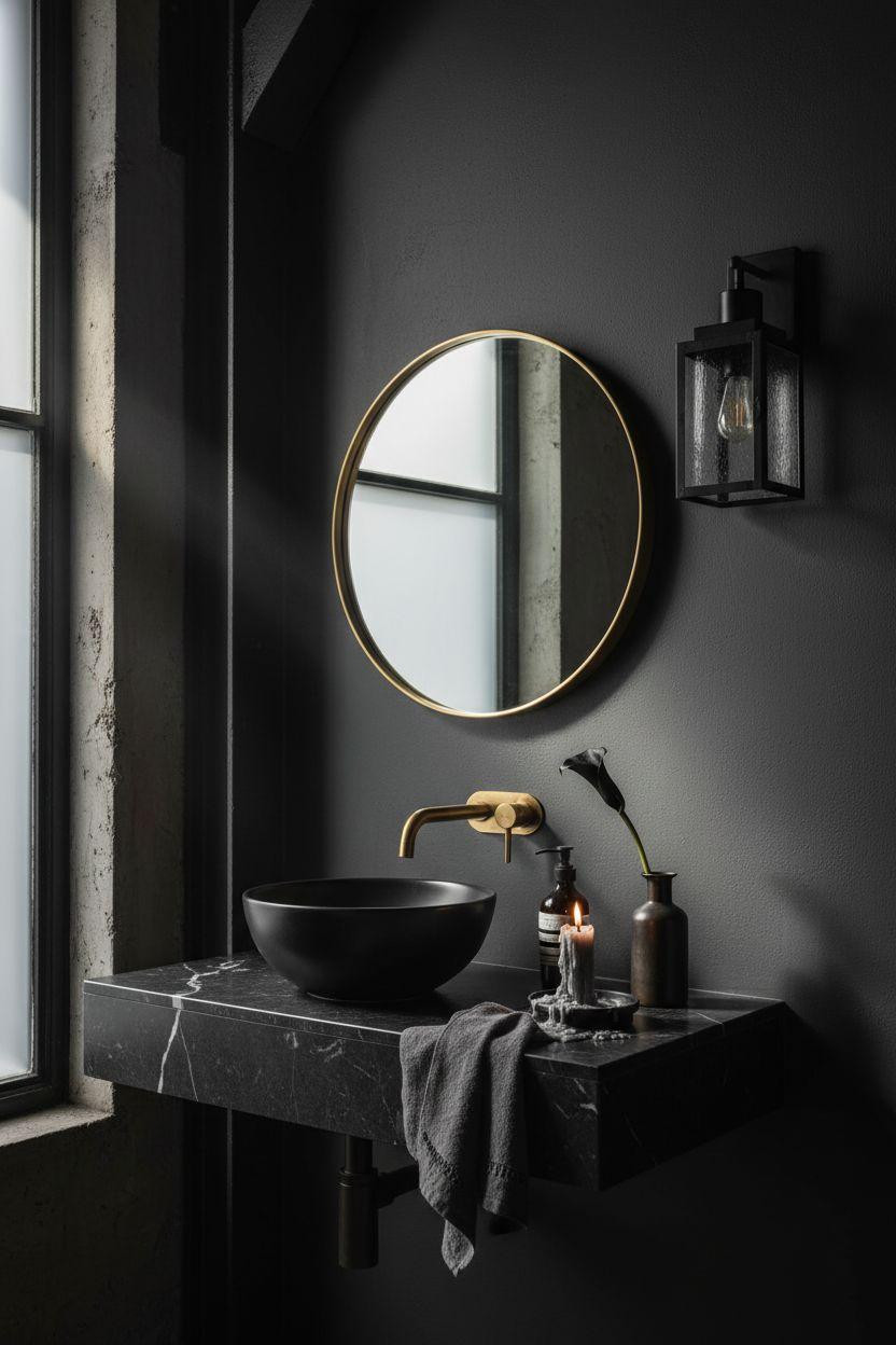 Moody powder room with black marble and brass fixtures