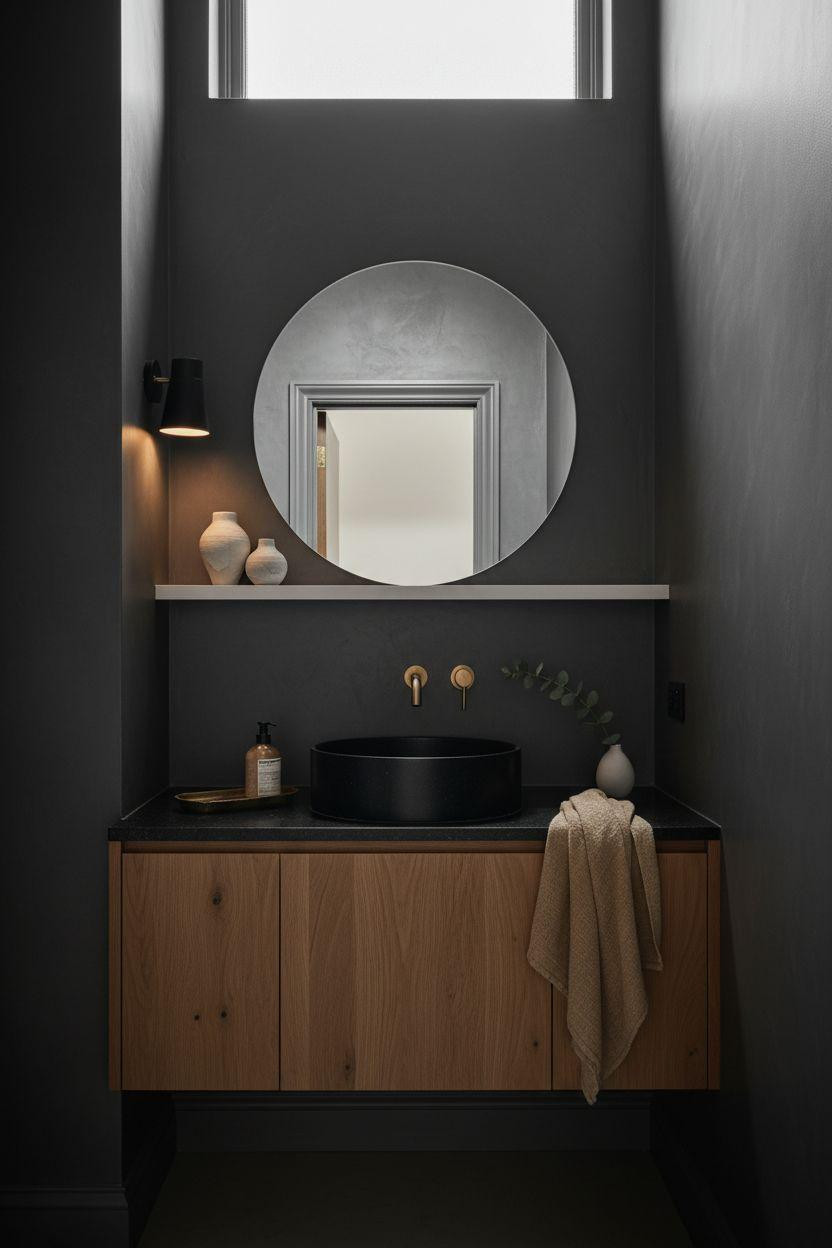 Moody powder room with white oak floating vanity and charcoal walls