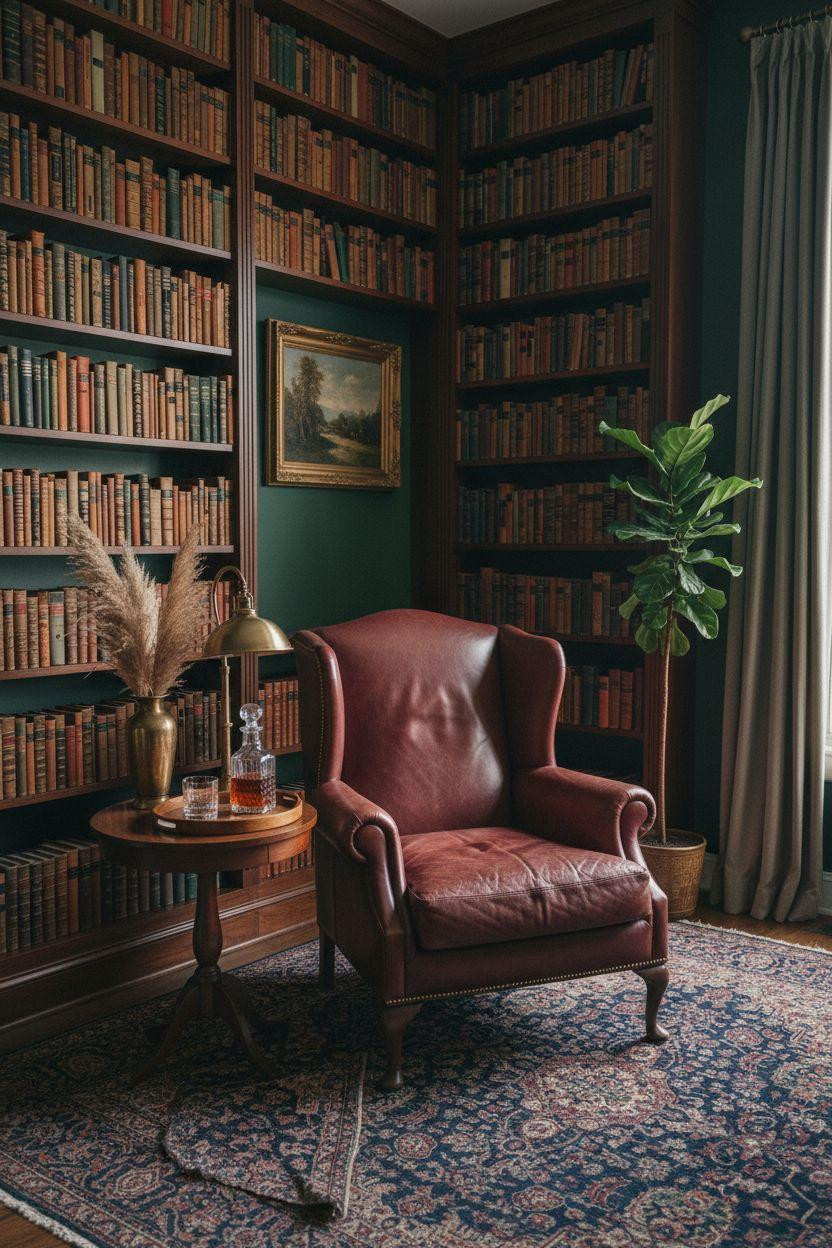 Vintage moody home library with forest green walls