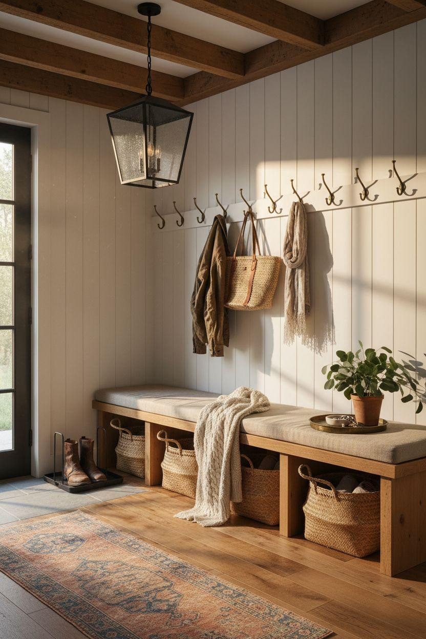 Mudroom Ideas Entryway featuring black iron lantern and limestone flooring