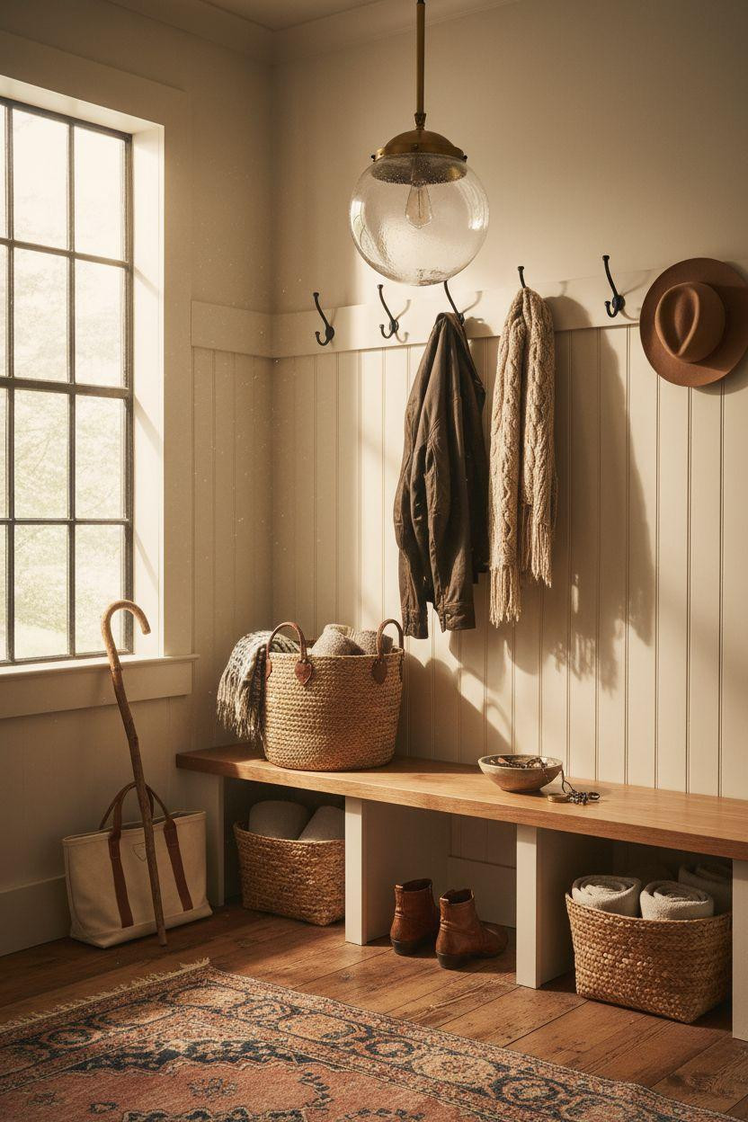 Mudroom Ideas Entryway with statement brass pendant and leather boots