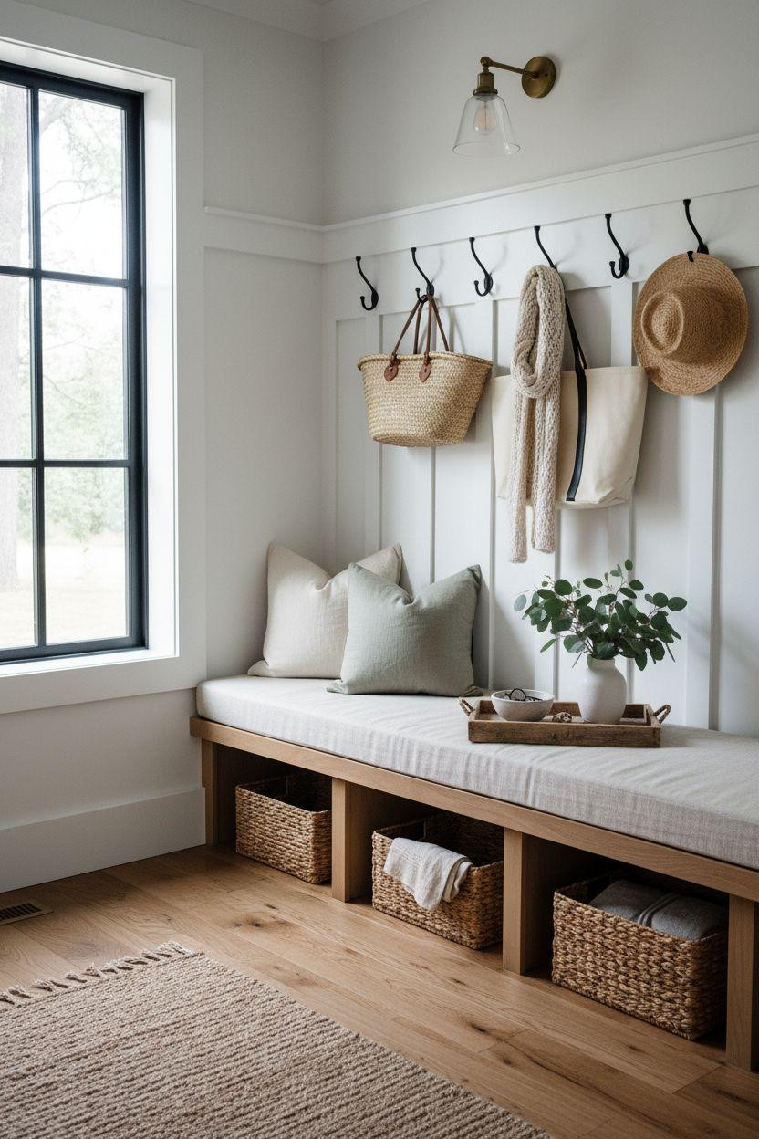Mudroom Ideas Entryway featuring bright natural light and linen cushions