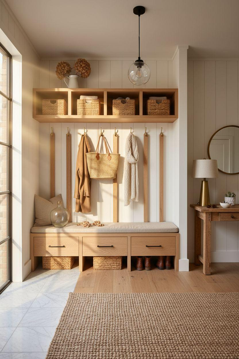 Mudroom Ideas Entryway with marble tile and unlacquered brass hardware