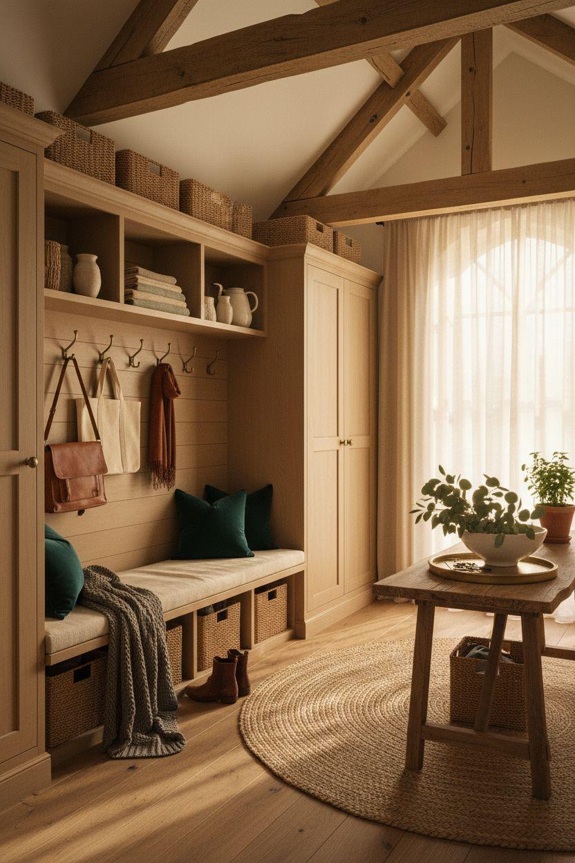 Mudroom Ideas Entryway with rich jewel tones and European farmhouse details