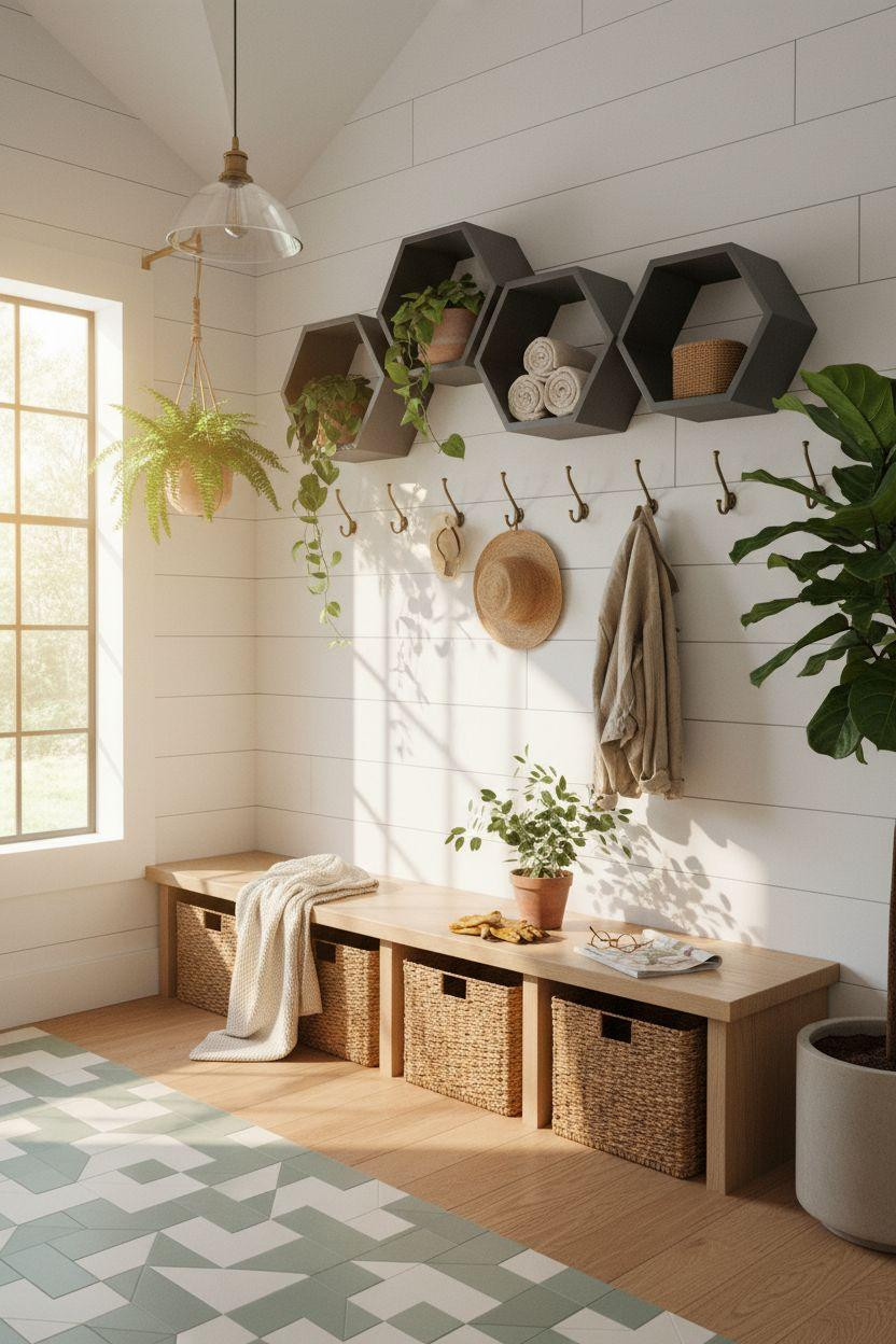 Mudroom Ideas Entryway with geometric tile patterns and hanging plants