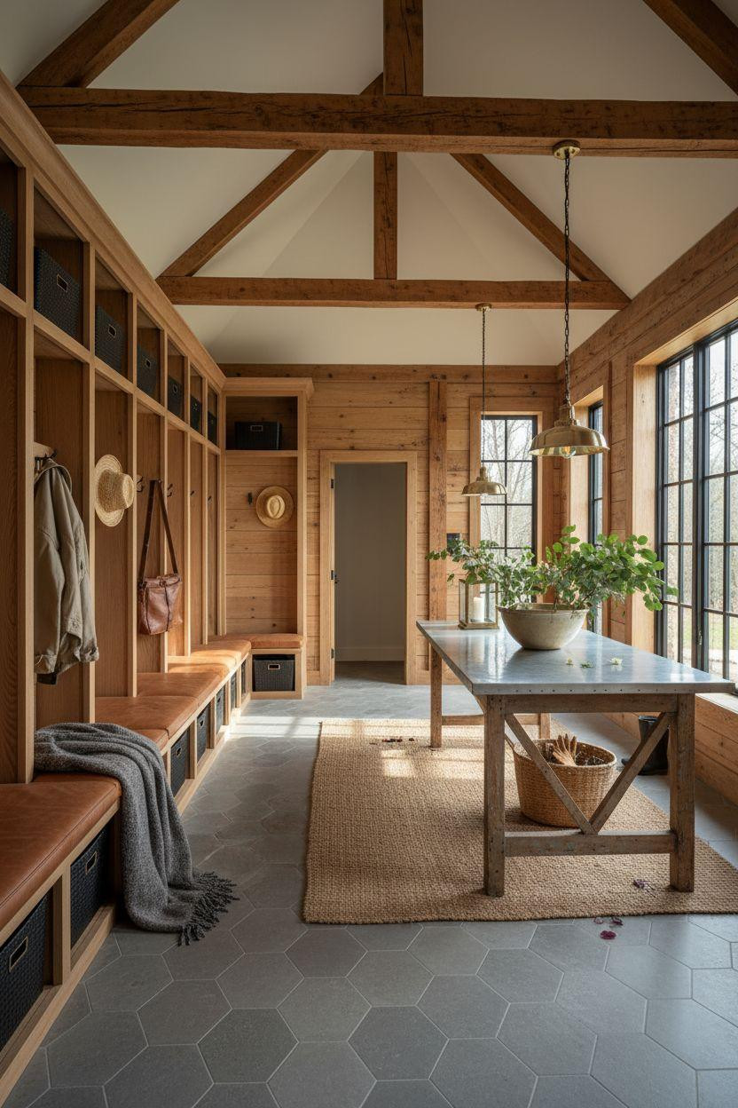 Mudroom Ideas Entryway with limestone floors and vintage French table