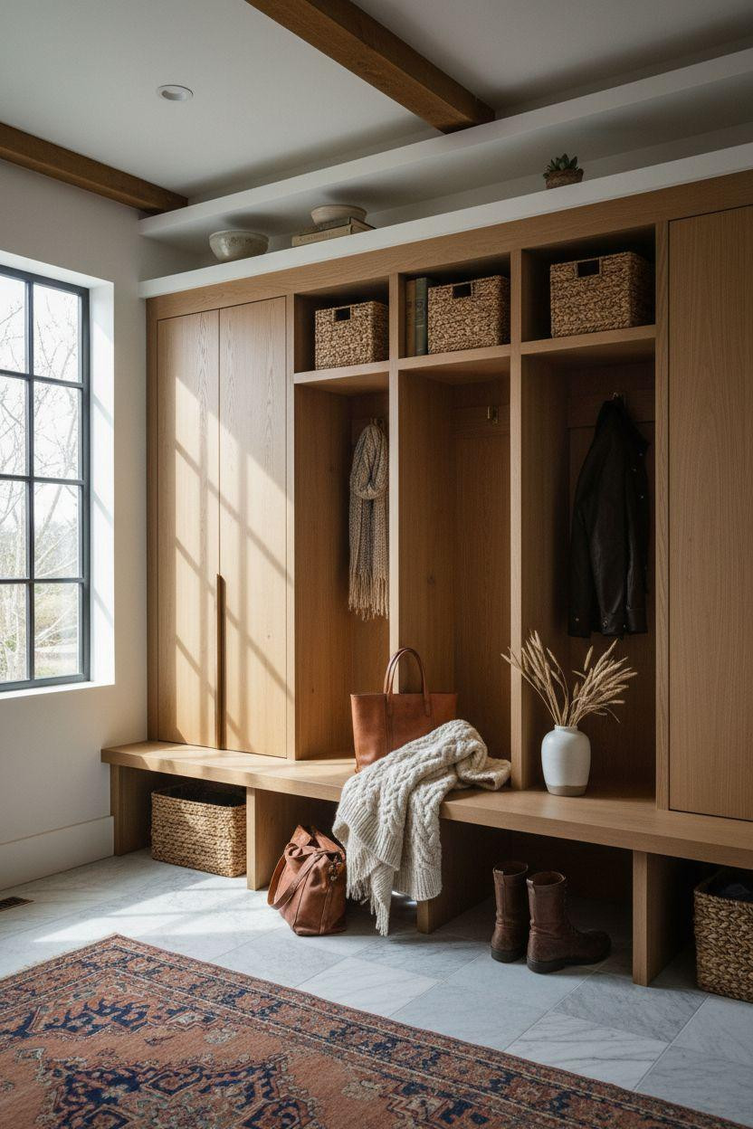 Mudroom lockers with Carrara marble floors and vintage runner