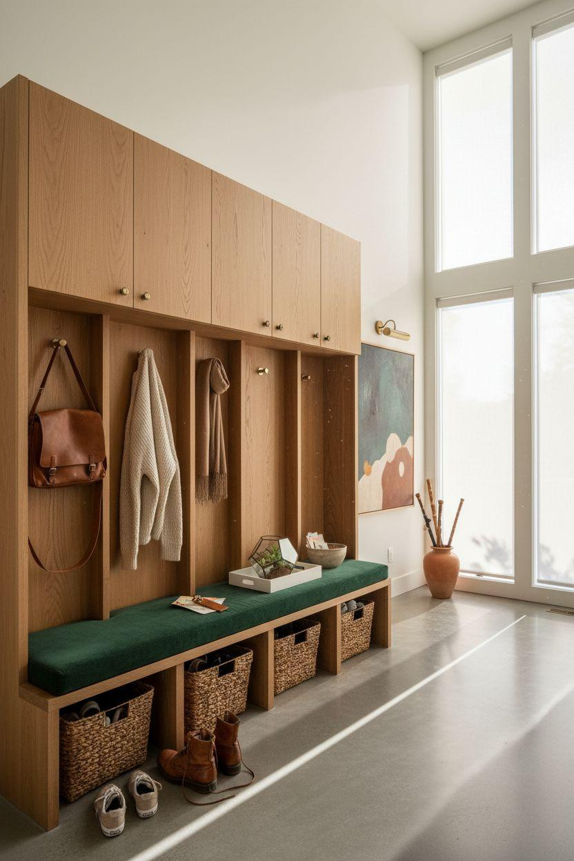 Mudroom lockers with floor-to-ceiling windows and emerald accents
