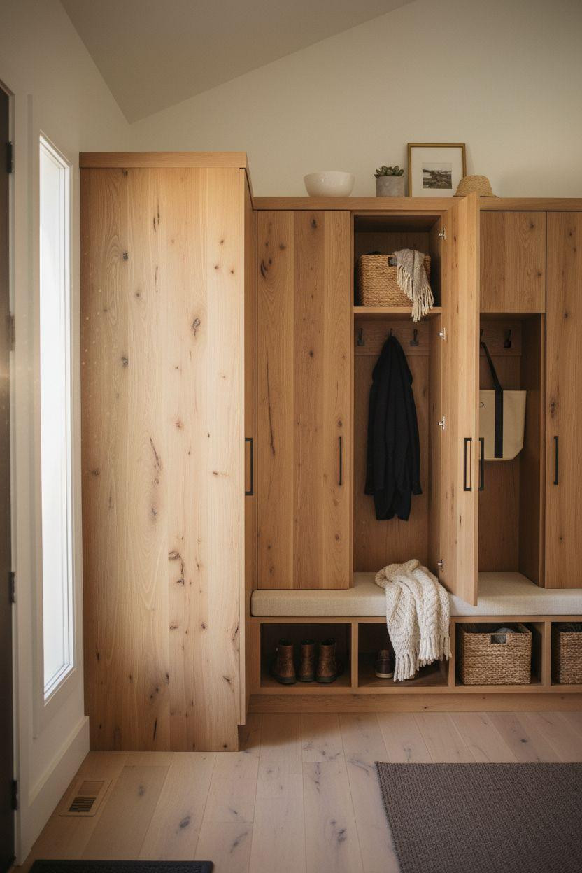 Mudroom lockers with matte black linear hardware and white oak