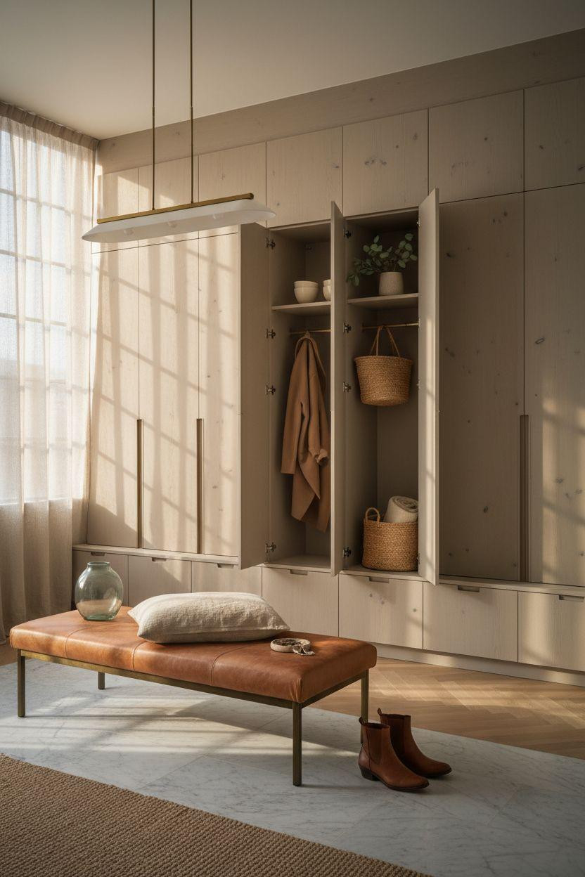 Mudroom lockers with greige painted doors and brass details