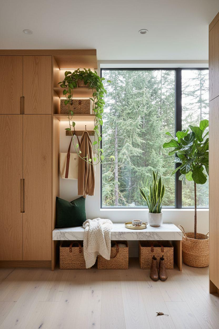 Mudroom lockers with floor-to-ceiling windows and greenery