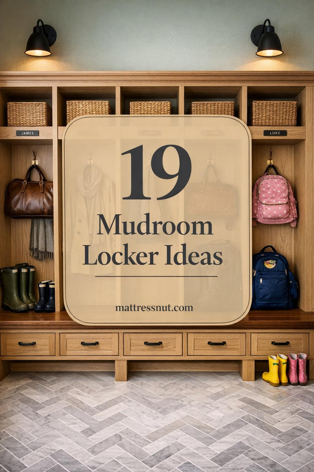 White oak mudroom locker system with five compartments featuring open cubbies, brass hooks, bench seating, marble herringbone flooring
