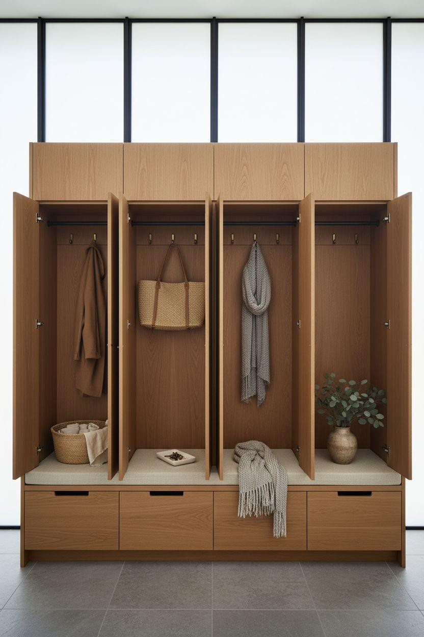 Mudroom lockers with handleless white oak doors and floating bench
