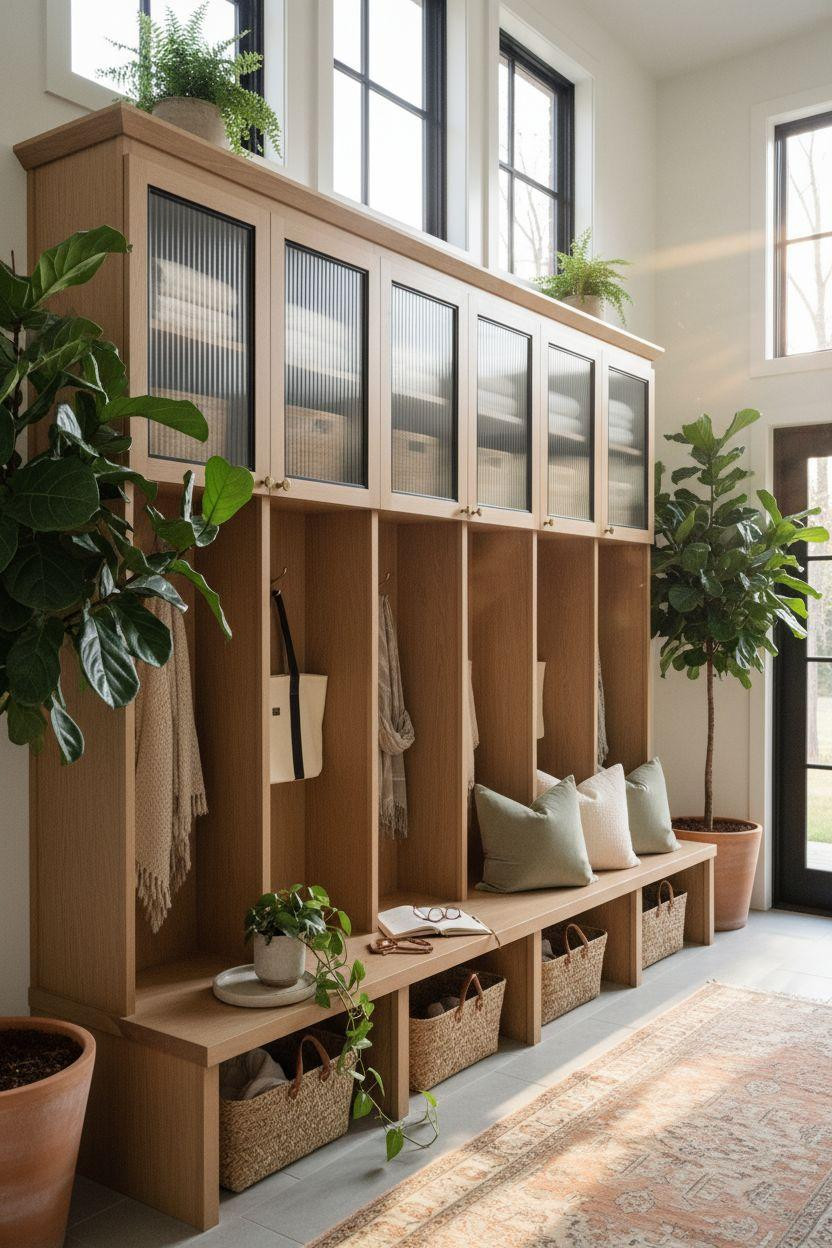 Mudroom lockers with fluted glass doors and potted plants
