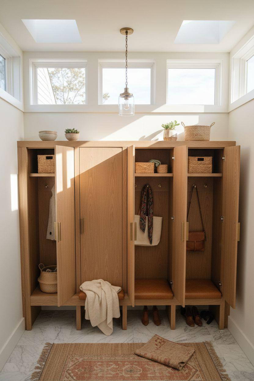 Mudroom lockers with white oak finish and marble floors