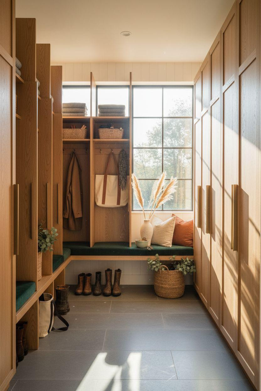 Mudroom lockers with emerald velvet cushion and white shiplap
