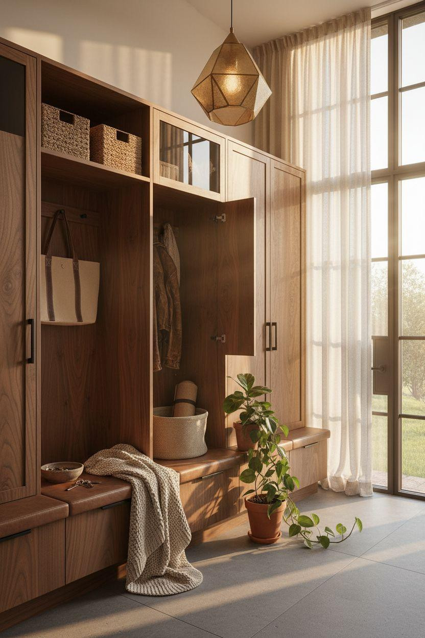 Mudroom lockers in rich walnut with cognac leather bench
