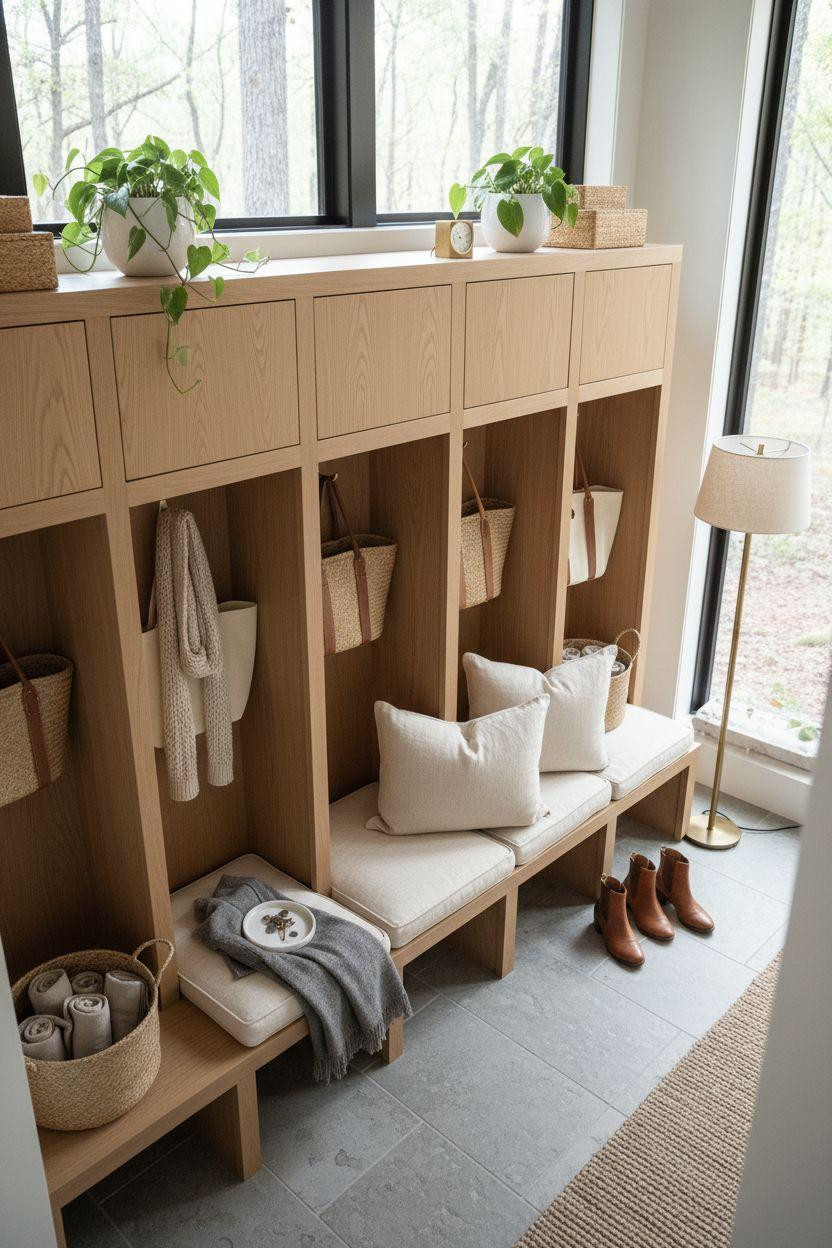 Mudroom lockers shot from above with natural linen cushions