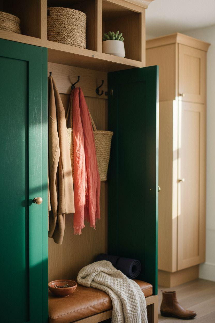 Mudroom lockers closeup with deep emerald doors and brass knobs