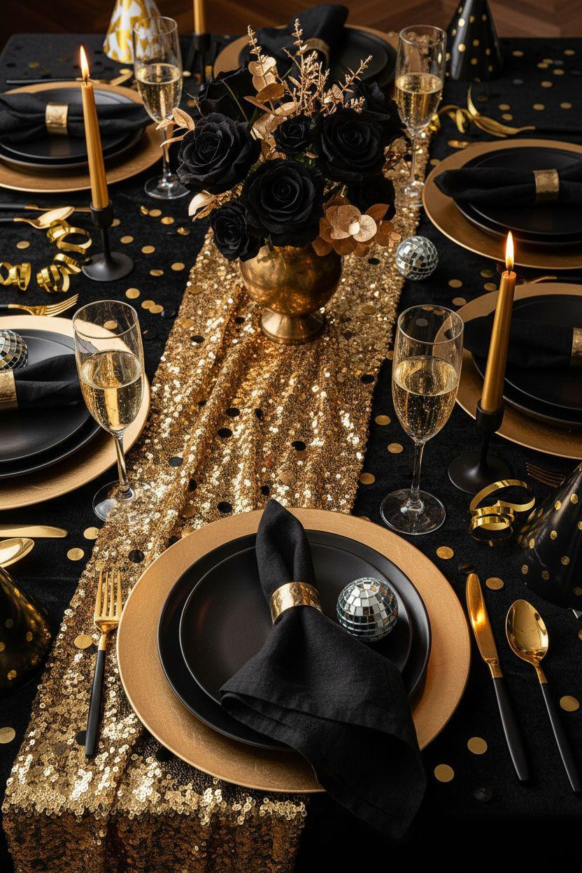 New Year table decoration with velvet and party accessories