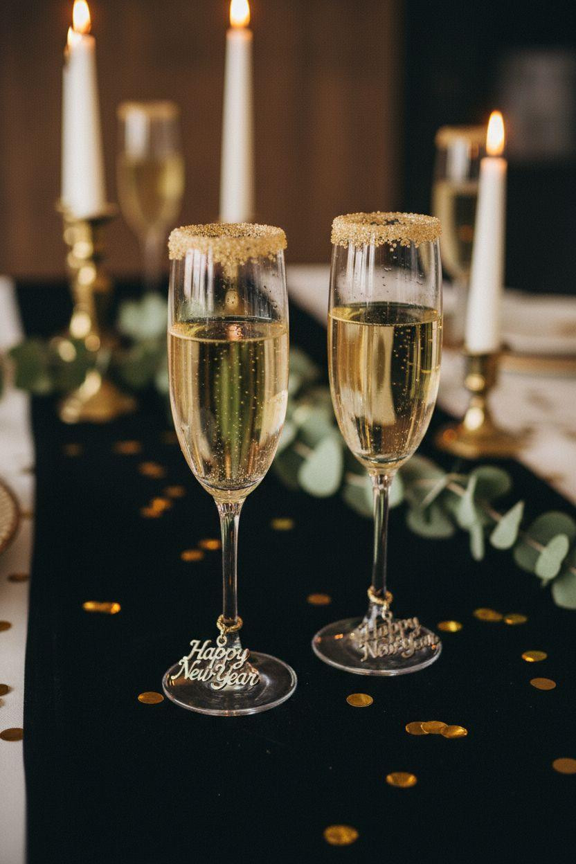 New Year table decoration champagne glasses closeup