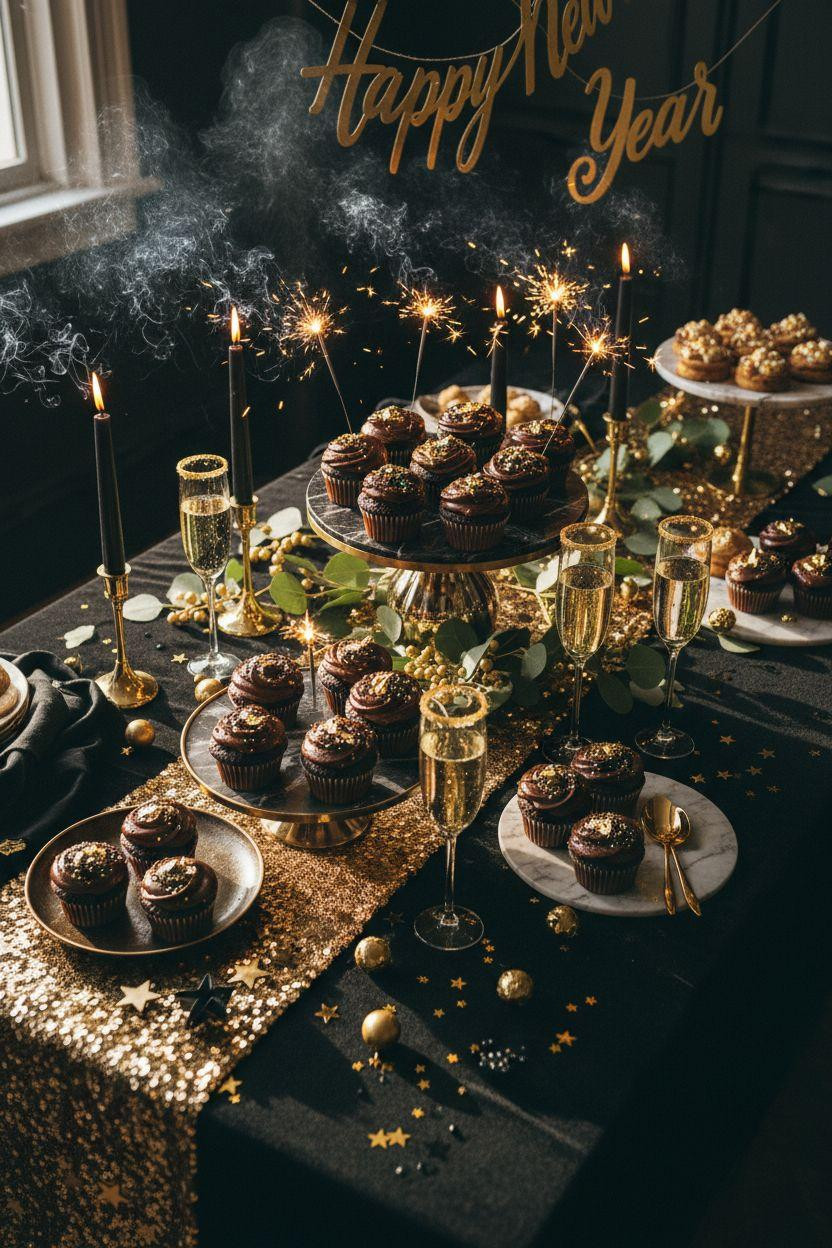 new year decorations ideas - black and gold dessert table with cupcakes