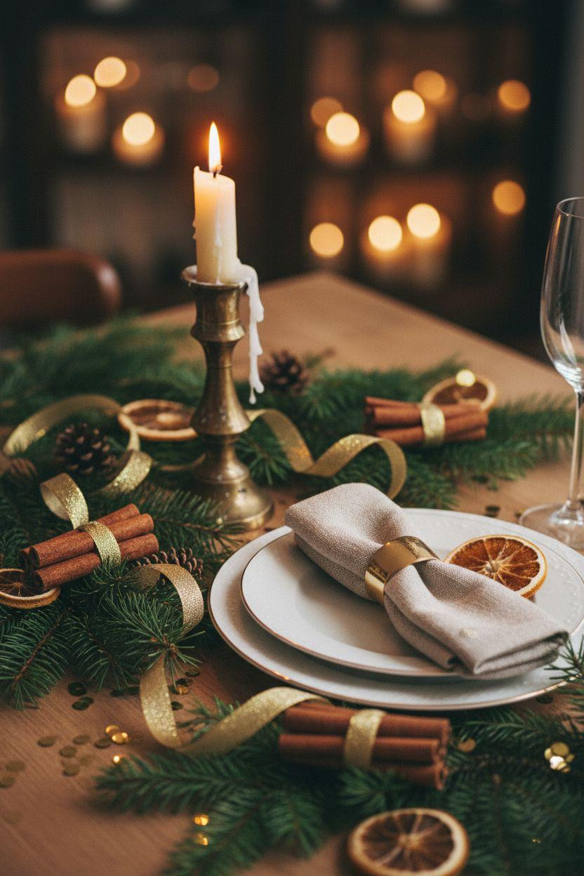 new year decorations ideas - pine branches and gold candles table setting