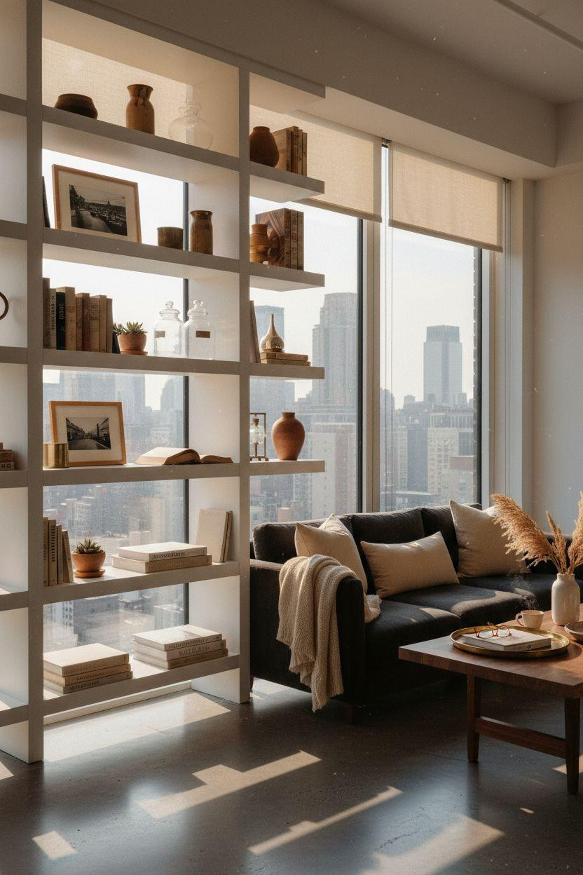 New York City Apartment - floating oak shelves with curated objects