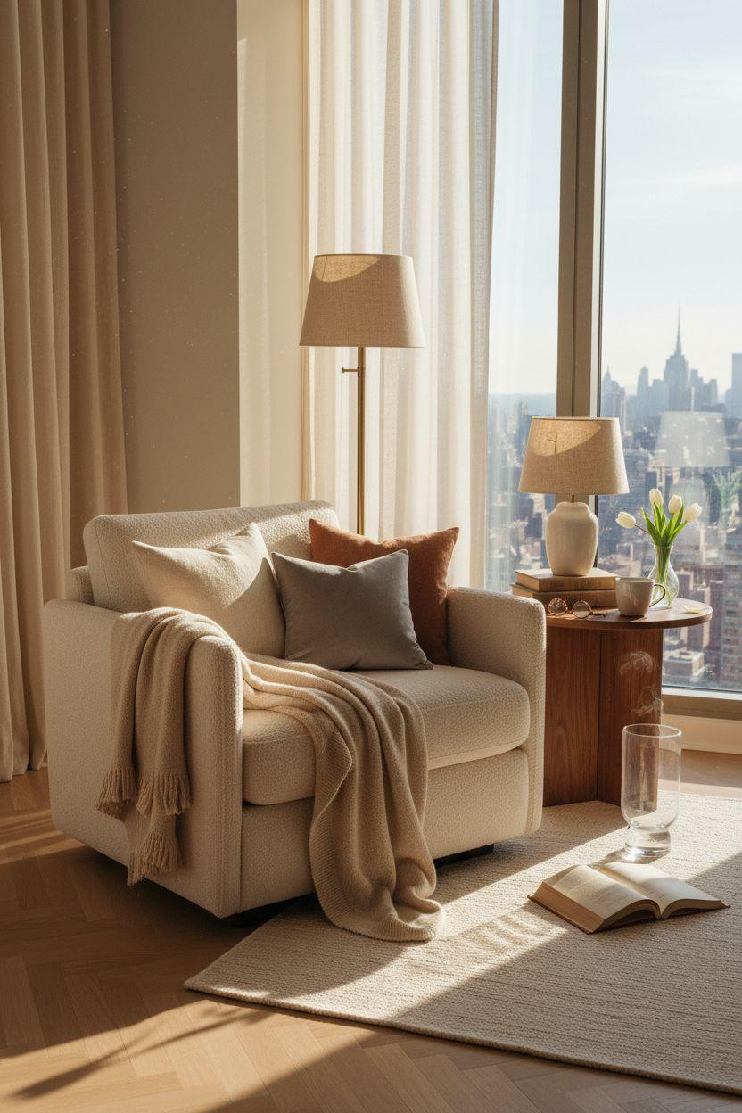 New York City Apartment - cozy reading corner with floor-to-ceiling windows
