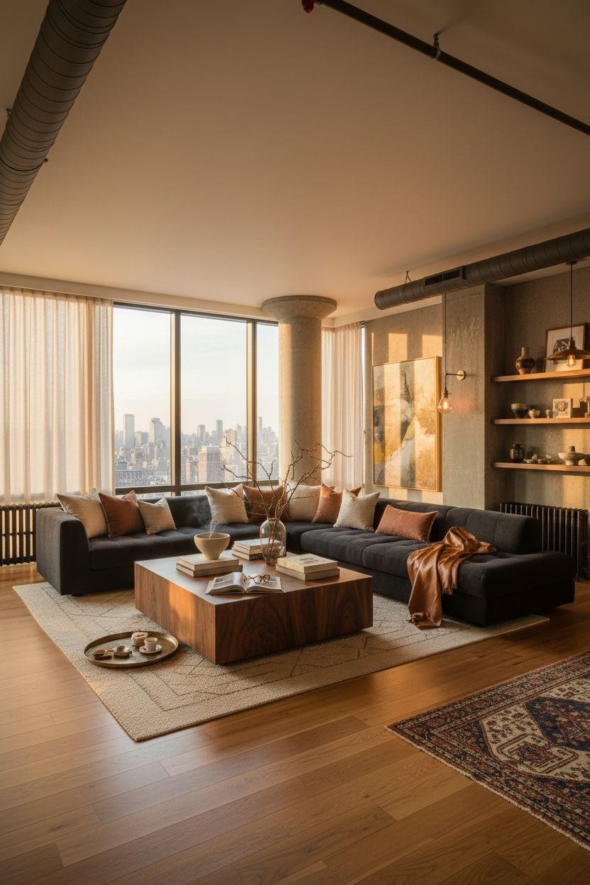 New York City Apartment - expansive high-rise living room with golden hour light