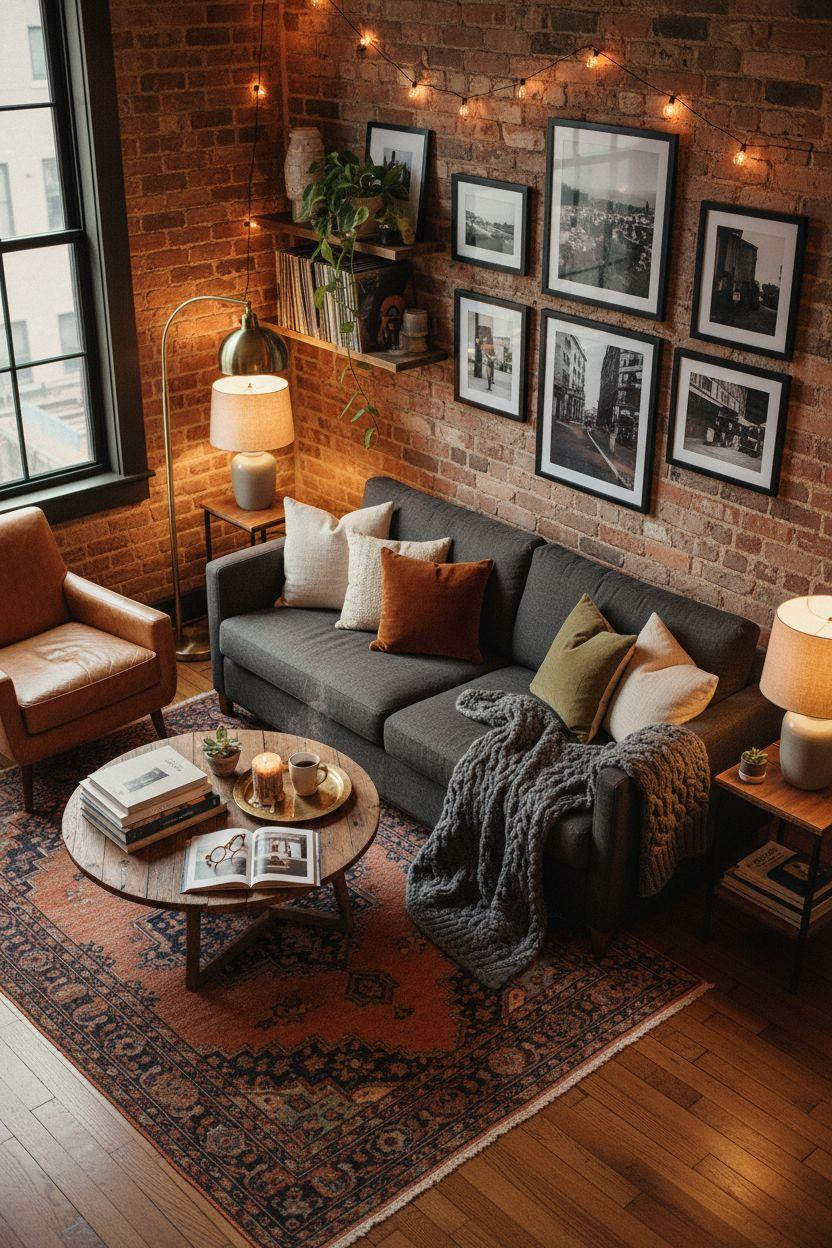 New York City Apartment - cozy evening setup with exposed brick and warm lighting