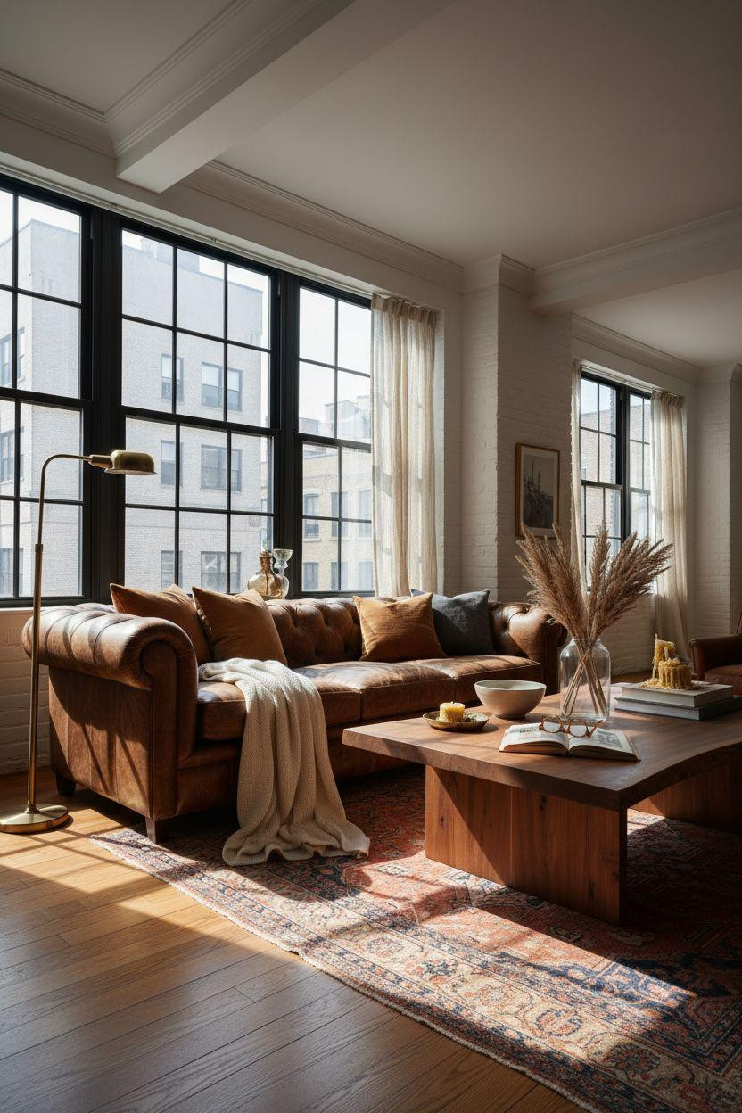 New York City Apartment - corner setup with cognac leather and exposed brick