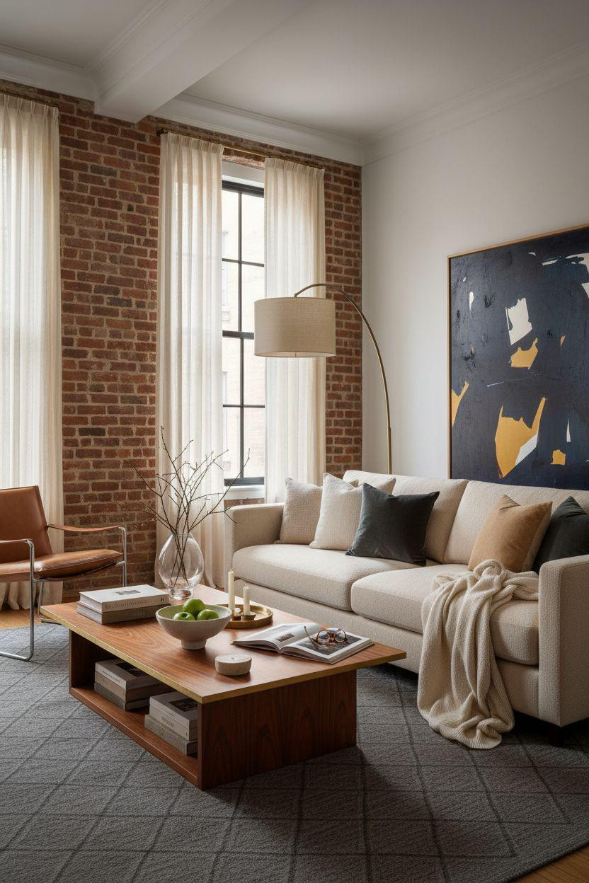New York City Apartment - exposed brick living room with 11-foot ceilings