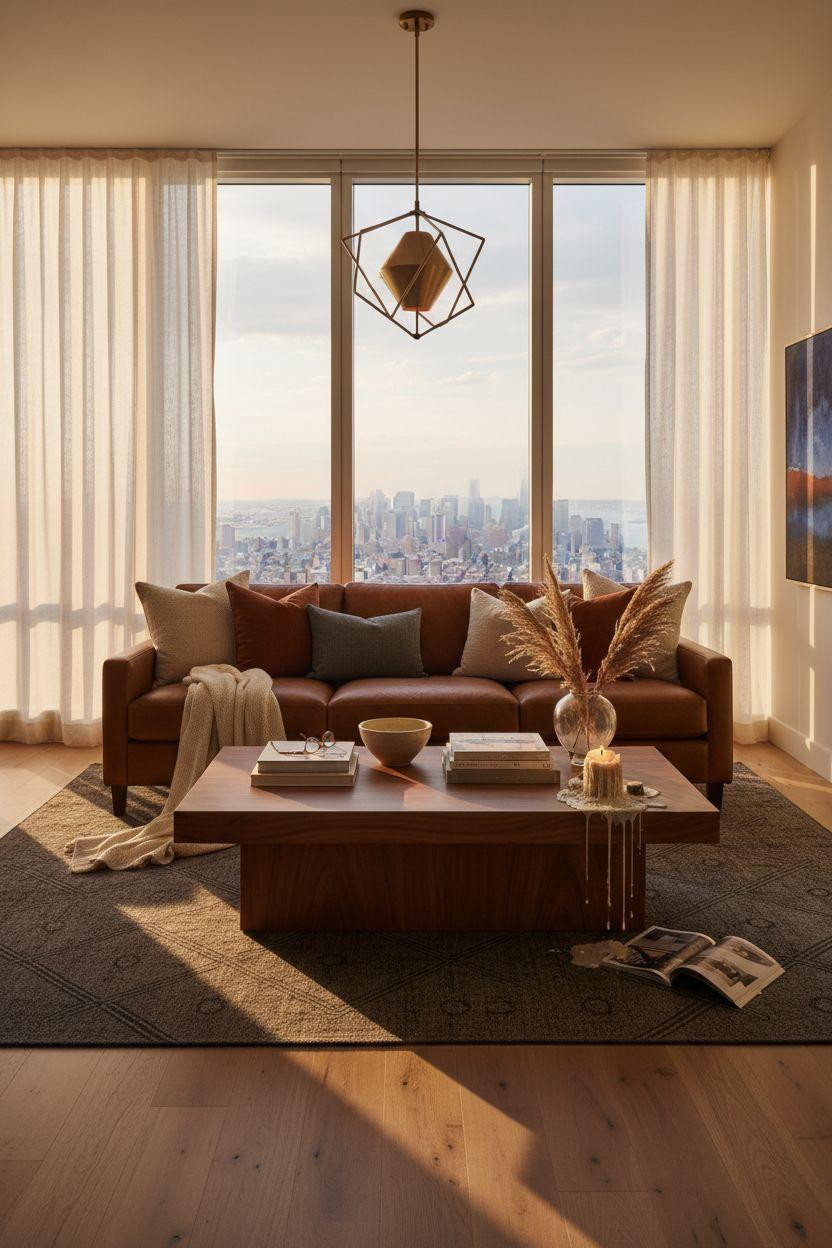 New York City Apartment - penthouse living room overlooking Manhattan skyline