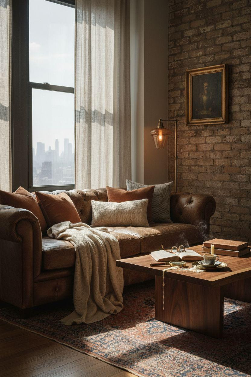 New York City Apartment - moody corner with vintage leather and brass accents