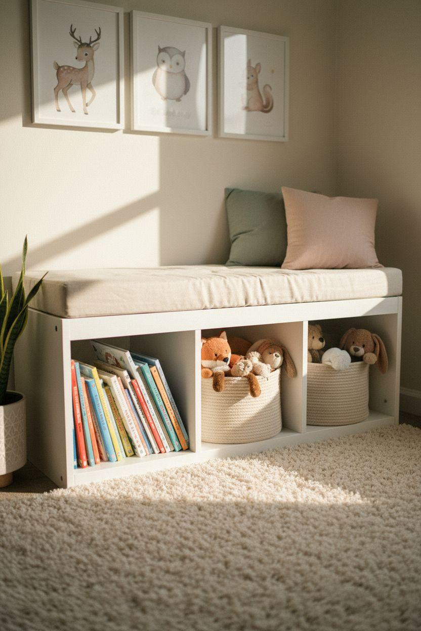 Nursery Bookshelf bench with cushioned reading top