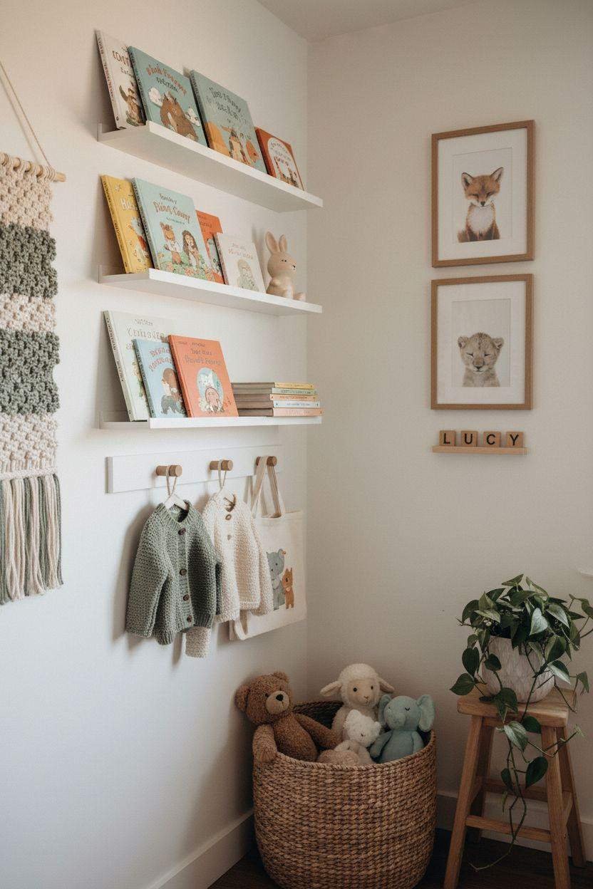 Nursery Bookshelf with hanging pegs and wall decor