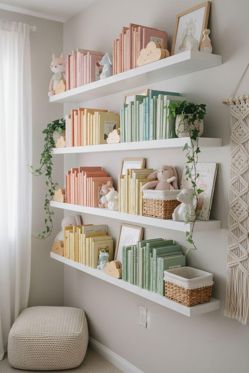 Nursery Bookshelf with books arranged in rainbow gradient
