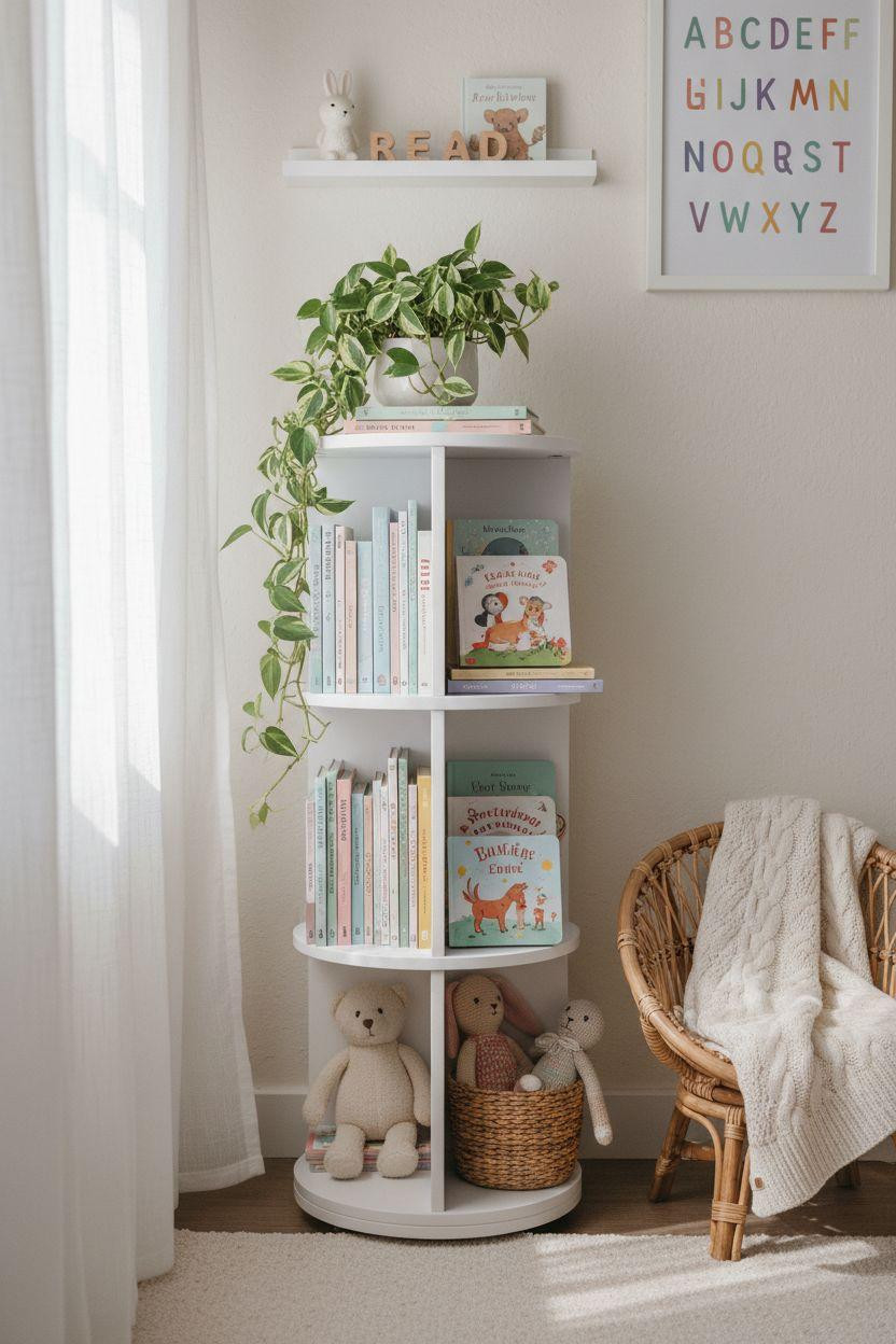 Nursery Bookshelf with rotating tower design for small spaces